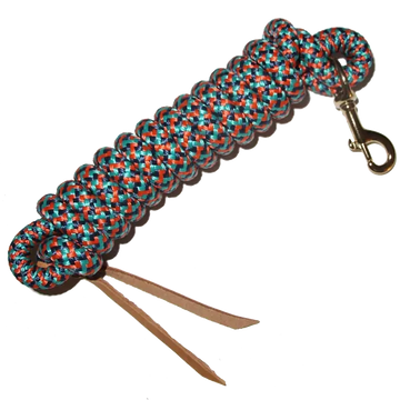 Cowboy Lead Rope 5/8" x 9', Bras Plated Bolt Snap, Leather Popper, Tri Color
