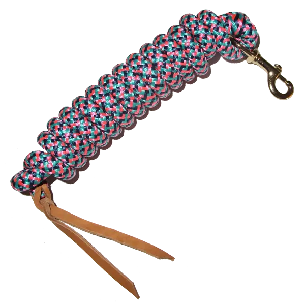 Cowboy Lead Rope 5/8" x 9', Bras Plated Bolt Snap, Leather Popper, Tri Color
