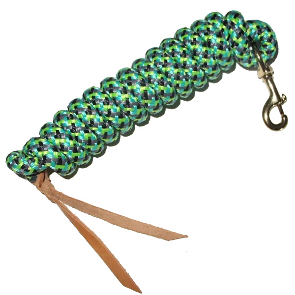 Cowboy Lead Rope 5/8" x 9', Brass Plated Bolt Snap, Leather Popper, Multi Color