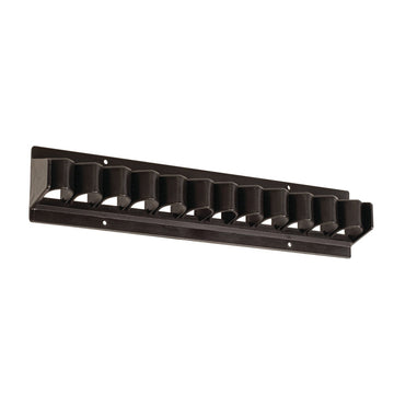 A black plastic whip holder with multiple compartments for storing whips.