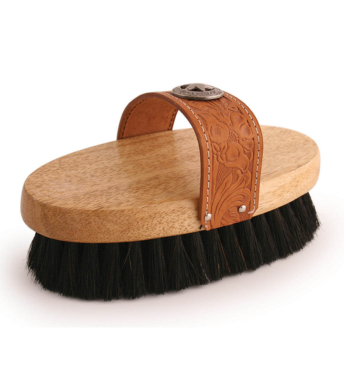 Wooden brush with a leather handle on a white background
