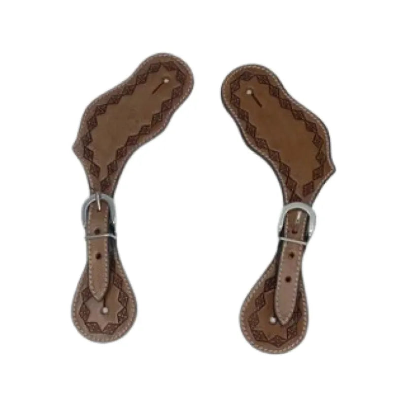 Cowboy Spur Straps Leather Tooled with Stainless Steel Buckle