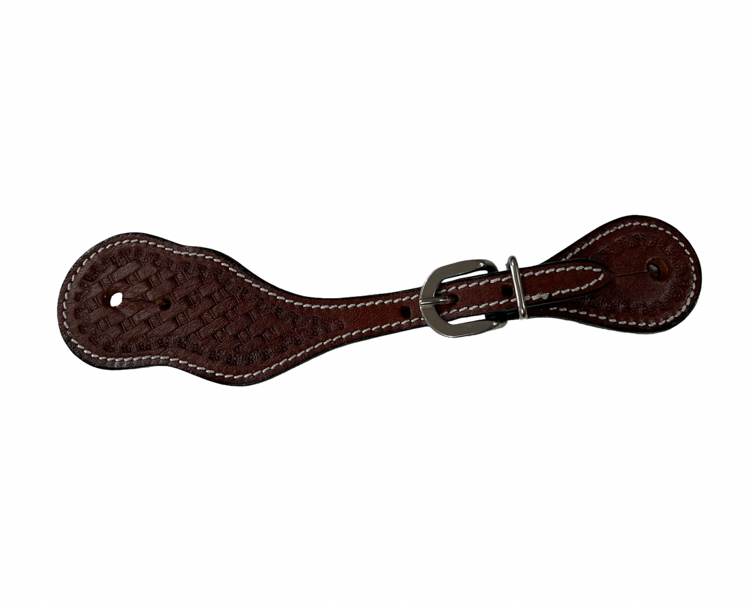 Brown leather strap with a buckle on a white background