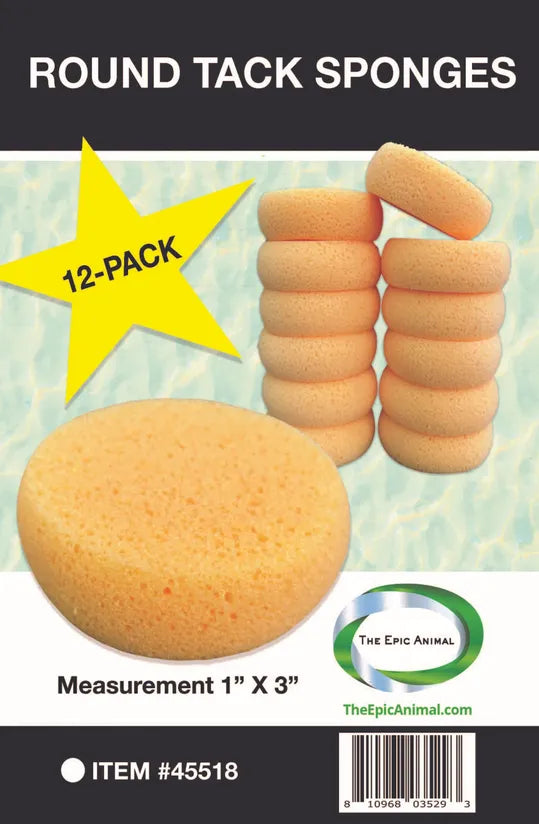A pack of 12 beige tack sponges, each round in shape, for horse grooming, displayed with a yellow star indicating a '12-pack'.