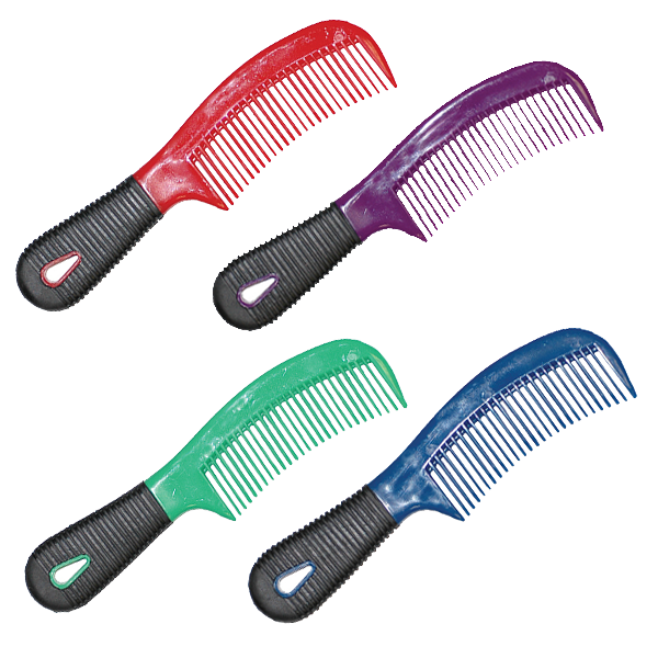 Four colorful combs with black handles on a white background