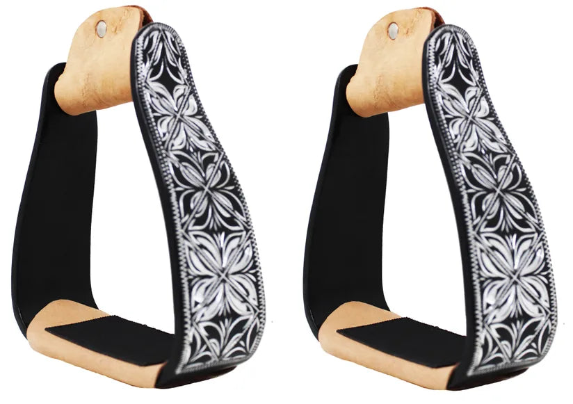 Black 5" Aluminum Engraved Slanted Offset Western Stirrups #50101