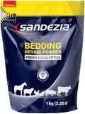 Sandexia bedding drying powder packaging with blue and yellow design in 2.2 pound bag