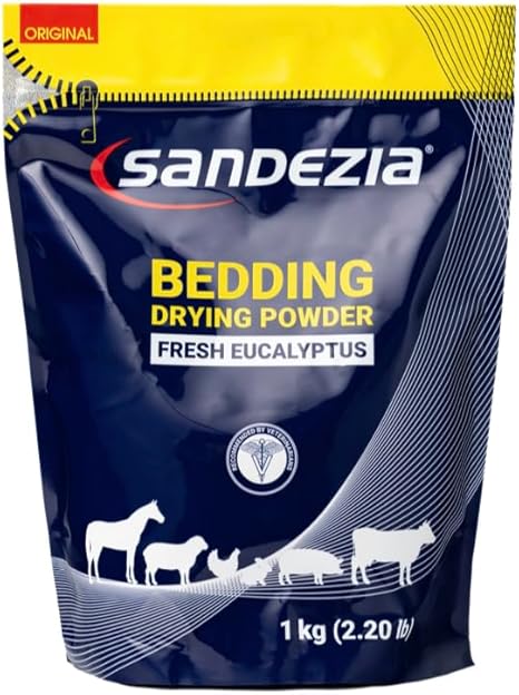 Sandexia bedding drying powder packaging with blue and yellow design in 2.2 pound bag