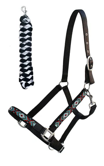 Nylon Horse Beaded Halter Nickel Plated Hardware, 8 Foot Lead Rope Black #91010