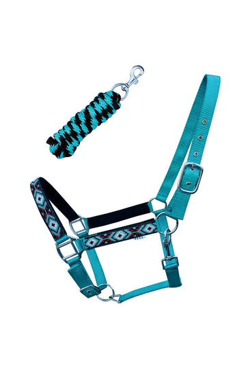 Nylon Horse Beaded Halter Nickel Plated Hardware, 8 Foot Lead Rope, Teal #91011