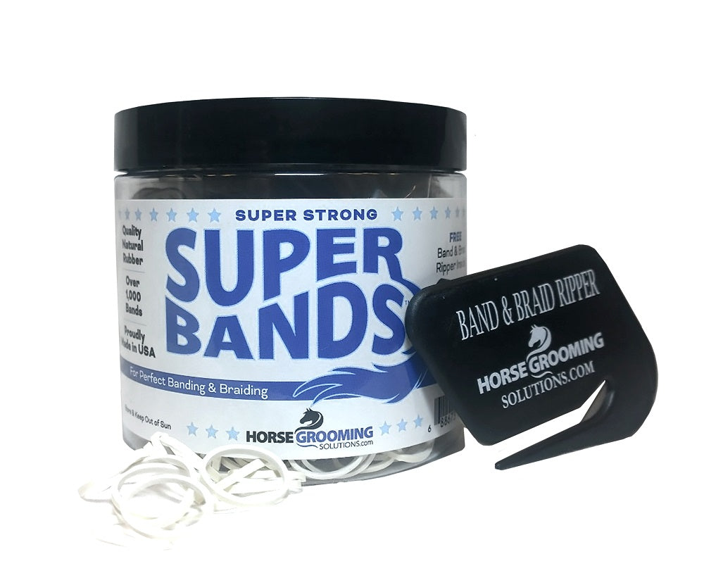 Jar of 'Super Bands' with a band and braid ripper on a white background