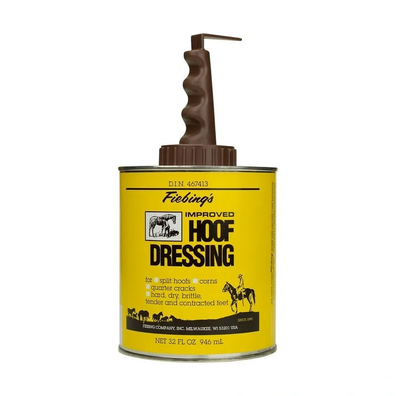 A can of Fiebing's Hoof Dressing with a brown applicator, labeled for maintaining and improving horse hooves.