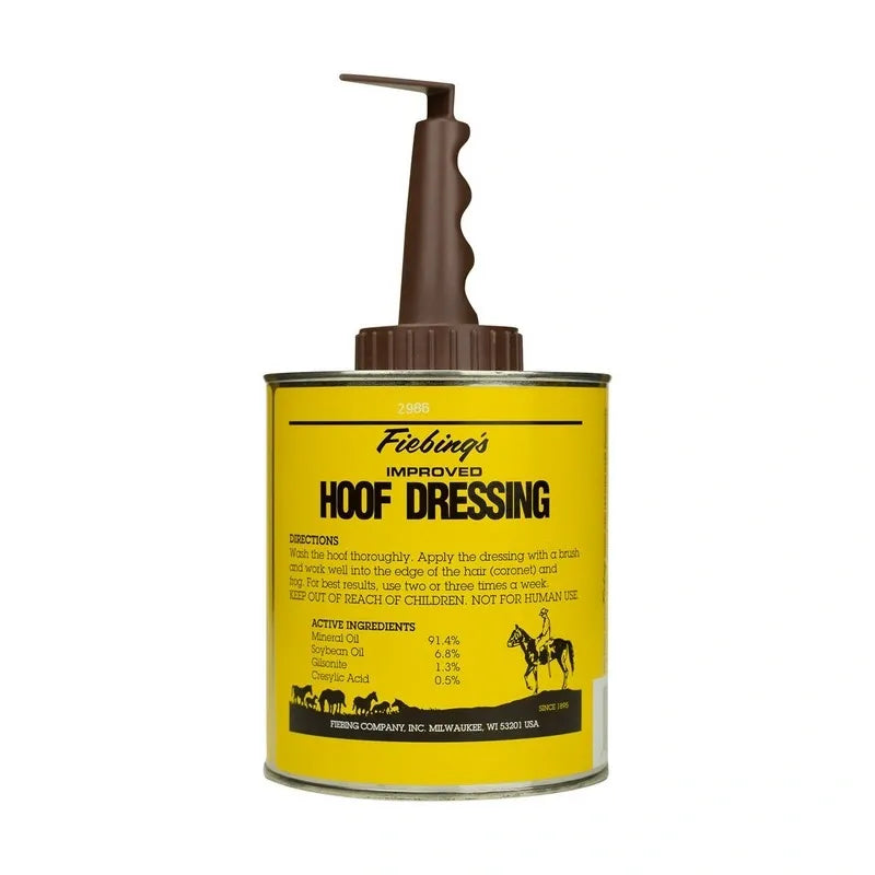A can of Fiebing's Hoof Dressing with a brown applicator, labeled for maintaining and improving horse hooves.