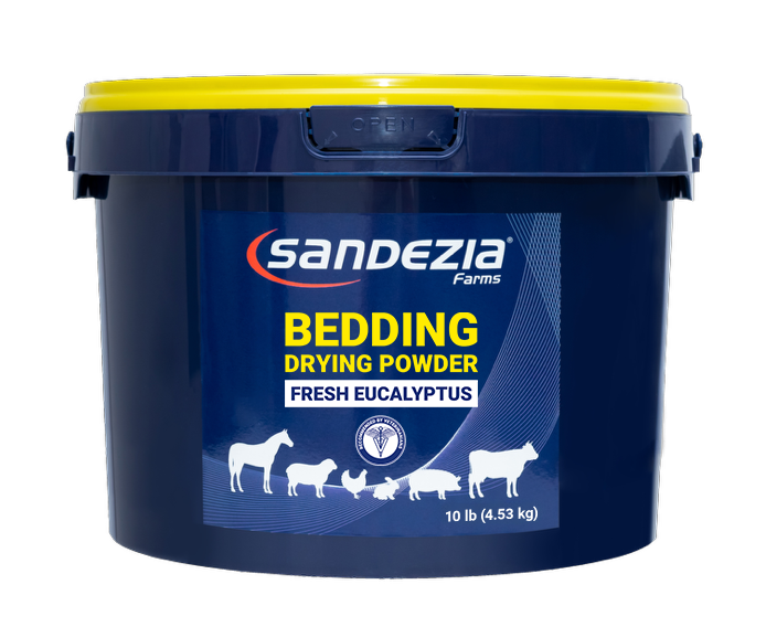 Sandezia Bedding Drying Powder Fresh Eucalyptus in Blue container of Sandezia Farms bedding drying powder with a yellow lid in 10 pound bucket