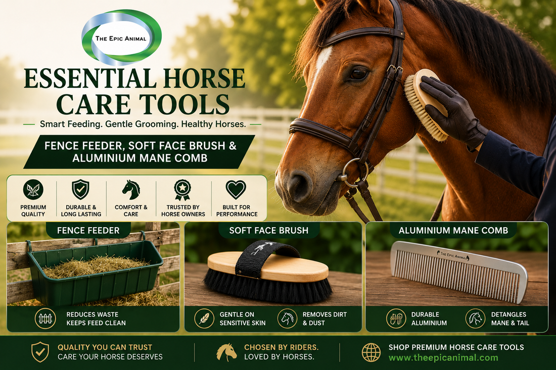 Fence Feeder, Soft Face Brush & Aluminium Mane Comb Essential Horse Care Tools