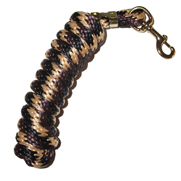 5/8 x 9' poly lead rope with brass-plated bolt snap in tan, brown, and black camo.