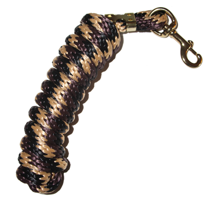 5/8 x 9' poly lead rope with brass-plated bolt snap in tan, brown, and black camo.