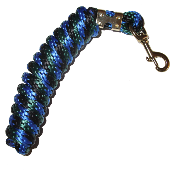 5/8" x 9' poly lead rope with brass-plated bolt snap in blue/green multi-color braided design.