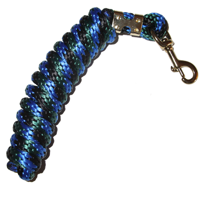 5/8" x 9' poly lead rope with brass-plated bolt snap in blue/green multi-color braided design.