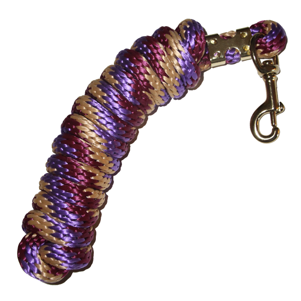 5/8 inch by 9 foot poly lead rope with brass-plated bolt snap in purple and tan multicolor