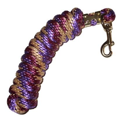5/8 inch by 9 foot poly lead rope with brass-plated bolt snap in purple and tan multicolor