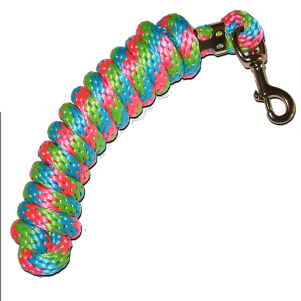 Coiled 5/8 in x 9 ft poly lead rope in bright multi-color with brass-plated bolt snap.