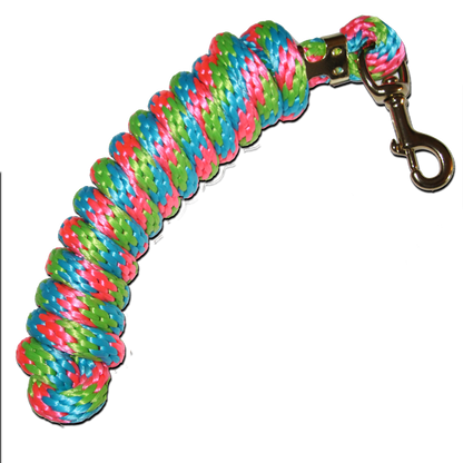 Coiled 5/8 in x 9 ft poly lead rope in bright multi-color with brass-plated bolt snap.
