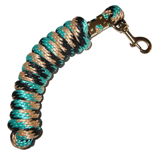 5/8 in x 9 ft poly lead rope with brass-plated bolt snap in teal, tan and black.