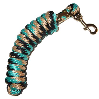 5/8 in x 9 ft poly lead rope with brass-plated bolt snap in teal, tan and black.