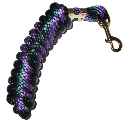Coiled purple and green 5/8" x 9' poly lead rope with brass-plated bolt snap.