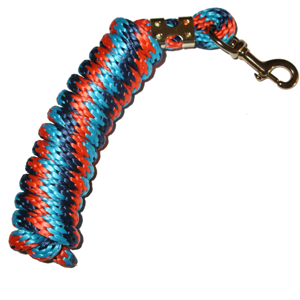 5/8 inch x 9 ft poly lead rope with brass-plated bolt snap in blue, red, and turquoise multicolor.