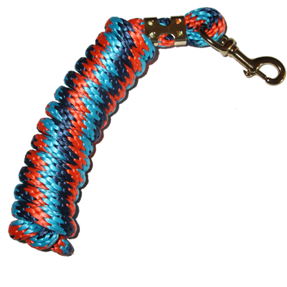 5/8 inch x 9 ft poly lead rope with brass-plated bolt snap in blue, red, and turquoise multicolor.