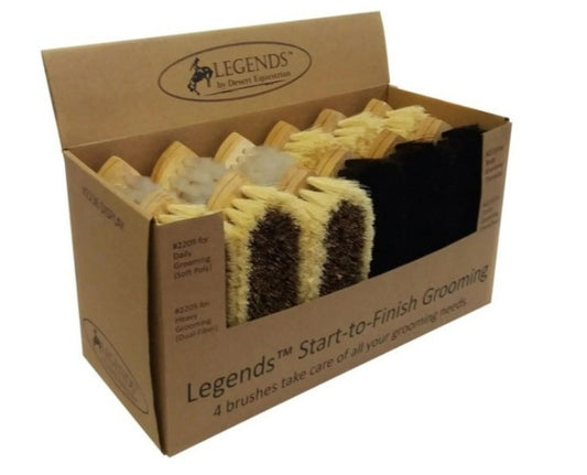 Box of Legends grooming brushes with packaging on a white background