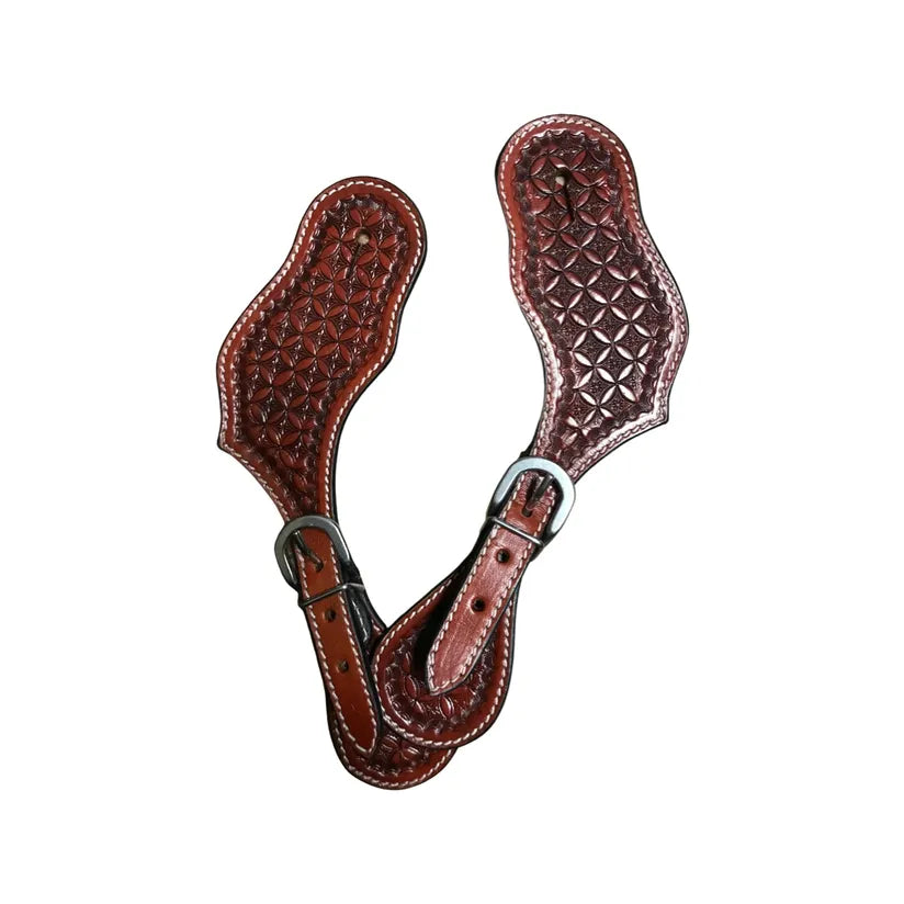 Cowboy Spur Straps Leather Tooled with Stainless Steel Buckle