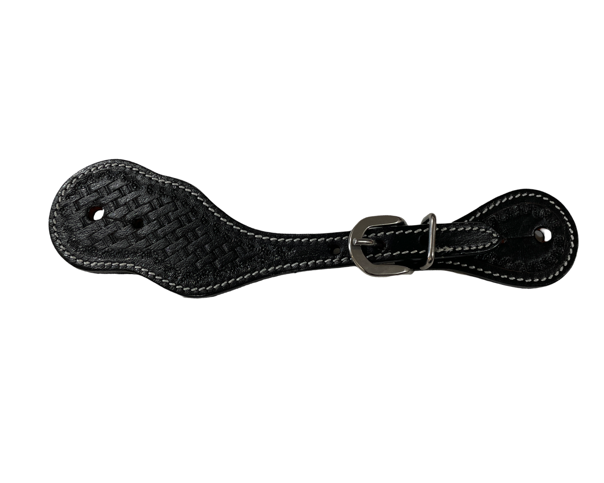 Black leather spur straps with basketweave tooled design on a white background