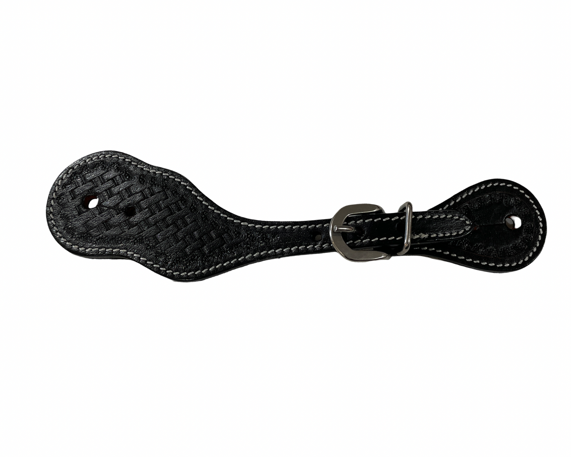 Black leather spur straps with basketweave tooled design on a white background