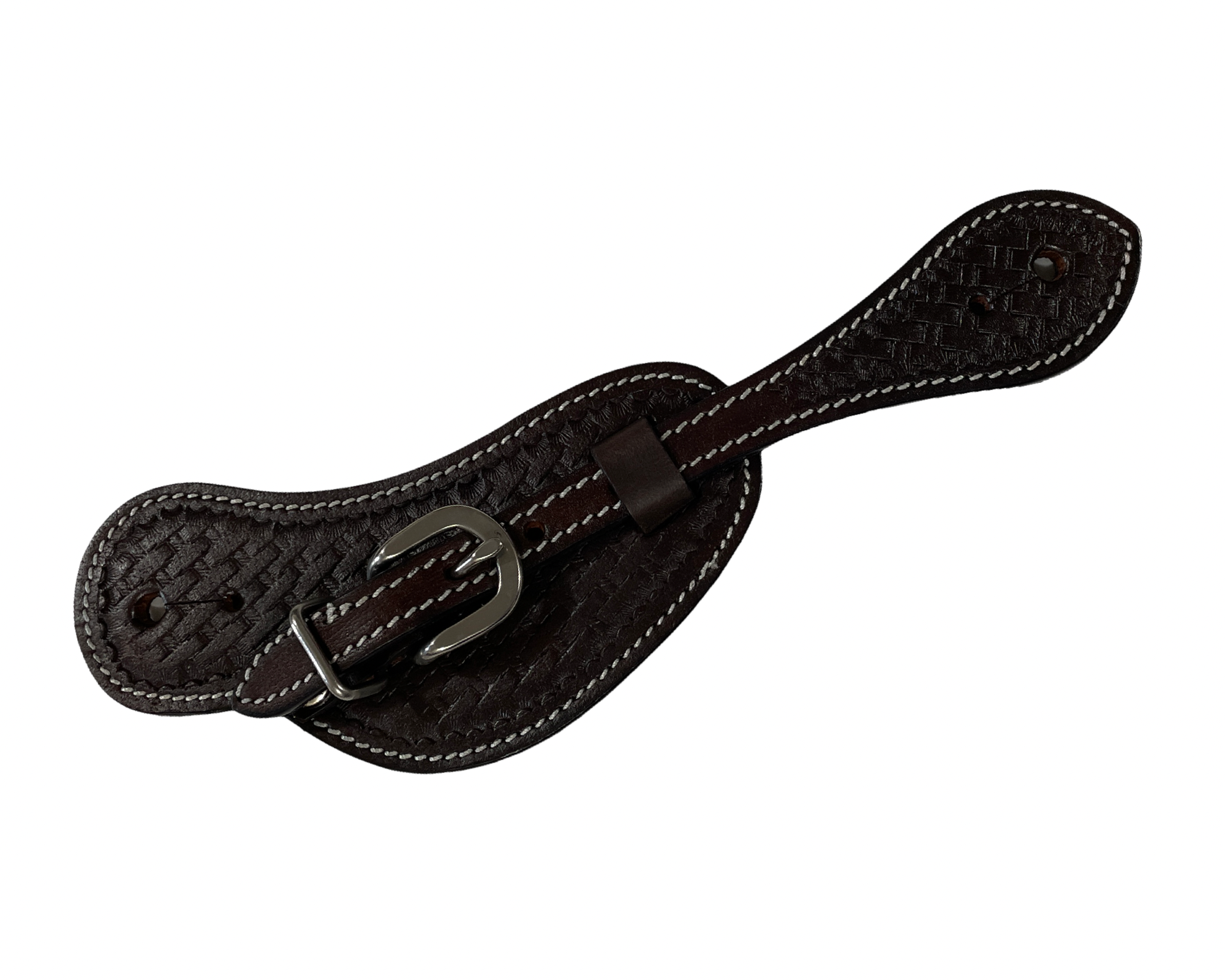 Brown leather spurs with a buckle on a white background