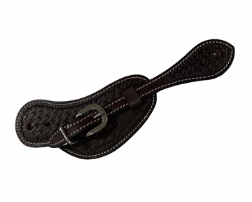 Brown leather spurs with a buckle on a white background