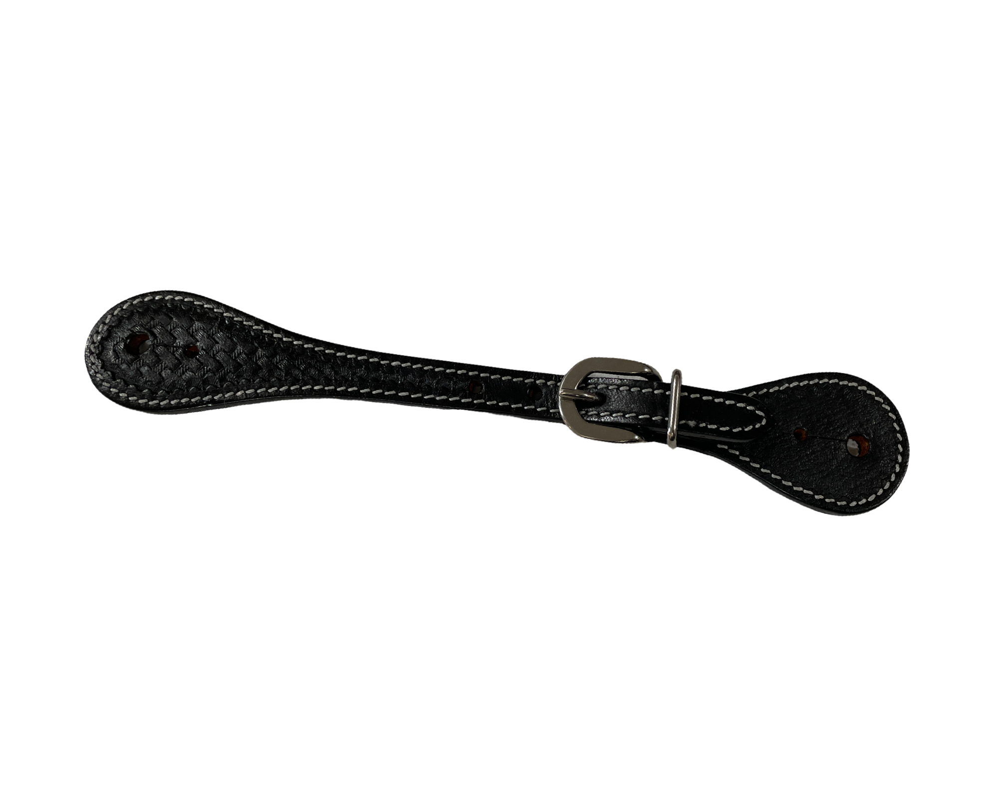 Black leather strap with a buckle on a white background