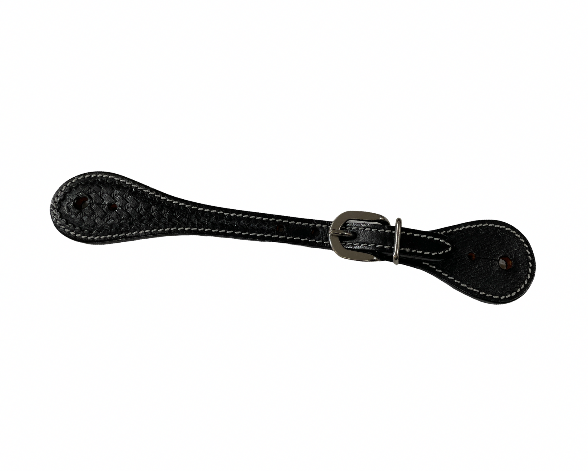 Black leather strap with a buckle on a white background