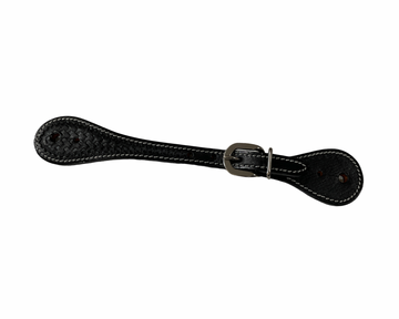 Black leather strap with a buckle on a white background