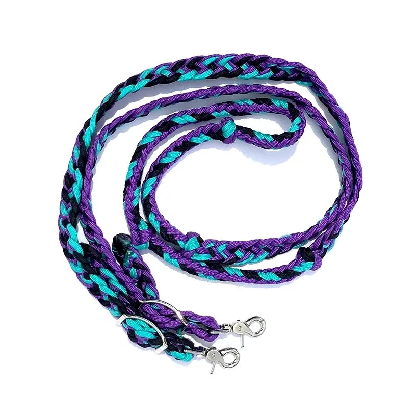 Braided Barrel / Roping Reins 8 ft, 2 Nickel Plated Scissor Snaps, Multi Tone Colors