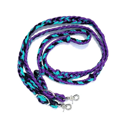 Braided Barrel / Roping Reins 8 ft, 2 Nickel Plated Scissor Snaps, Multi Tone Colors