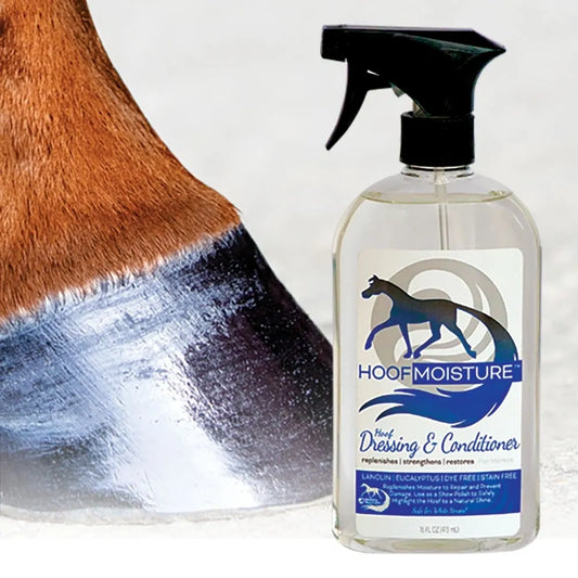 A bottle of 'Hoof Moisture' horse hoof moisture dressing and conditioner with a spray nozzle, placed next to a horse's hoof.