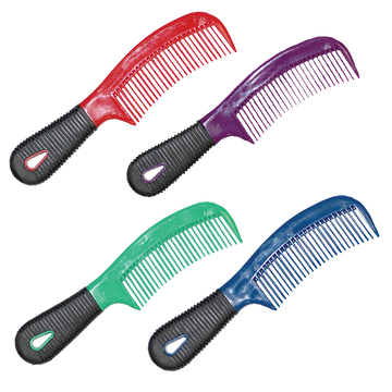 Four colorful combs with black handles on a white background