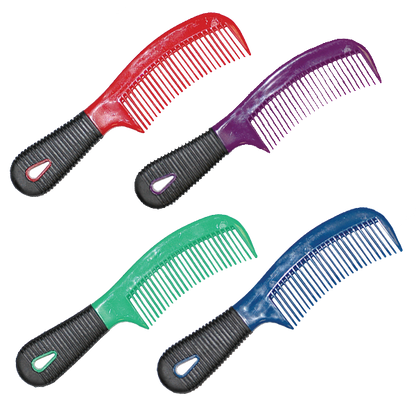 Four colorful combs with black handles on a white background