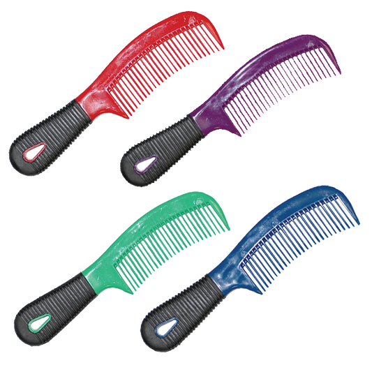 Four colorful combs with black handles on a white background