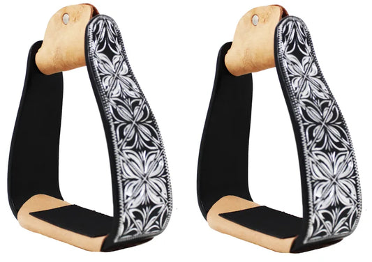 Black 5" Aluminum Engraved Slanted Offset Western Stirrups #50101