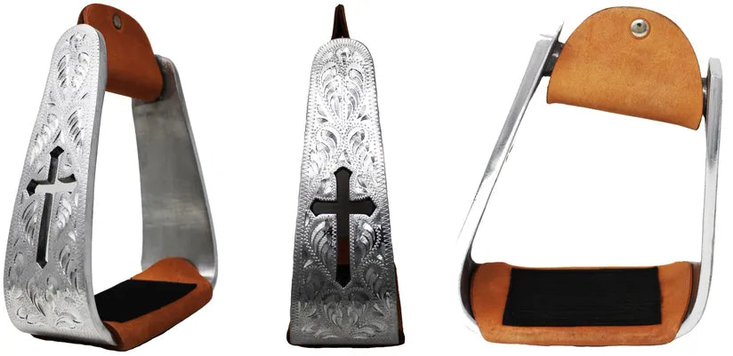 Stirrups Western Aluminum Cross Engraved Saddle Rhinestones #50117