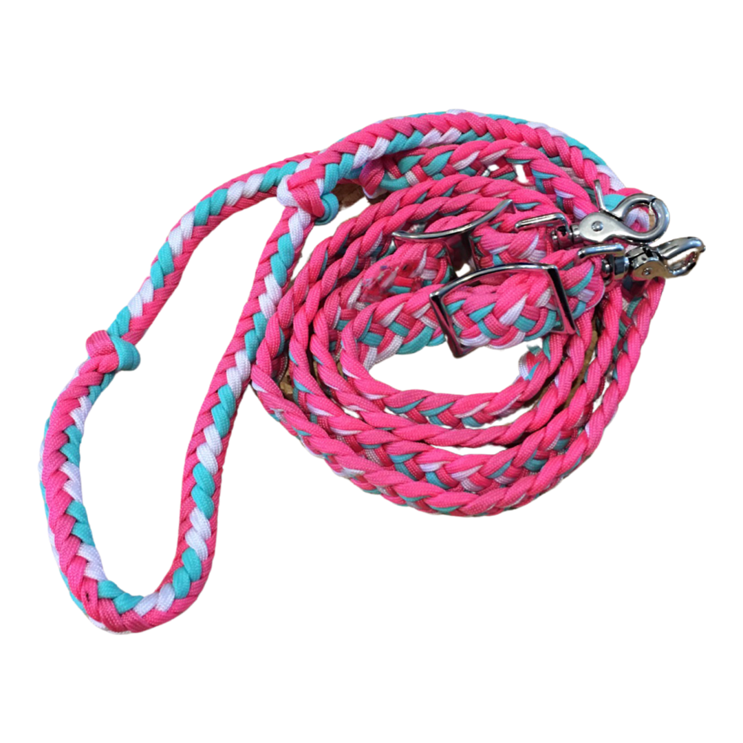 Braided Barrel / Roping Reins 8 ft, 2 Nickel Plated Scissor Snaps, Multi Tone Colors